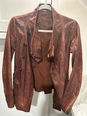 Rick Owens Distressed Brown Leather Draped Jacket